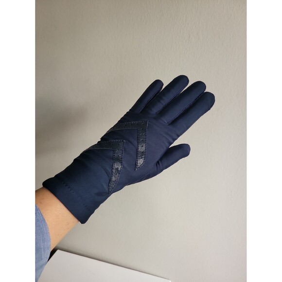 Vintage Isotoner Navy Fabric with Leather Trim Ladies Gloves Sz L - Picture 1 of 9